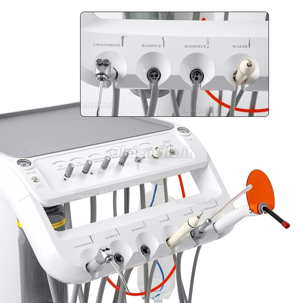 Portastrumenti per unit&agrave; dentali con fori per lampada dentale + compressore d'aria + ablatore ultrasuoni + lampada polimerizzatrice